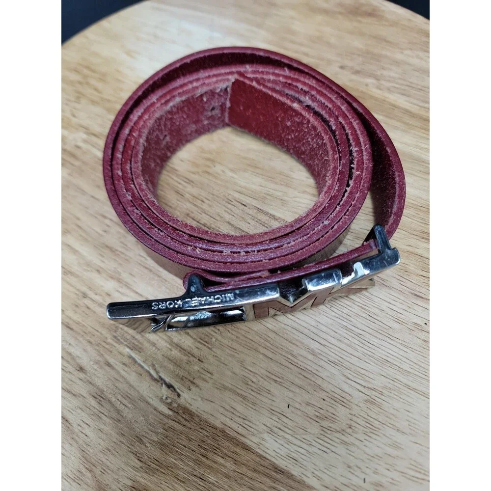 Michael Kors Red Leather Belt With Silver MK Buckle Size Large